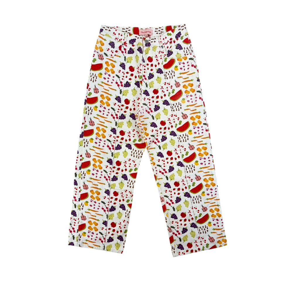 Lisa Says Gah Robyn Jean 32 Fruit Veggie Print White Straight Leg Pants Kitsch